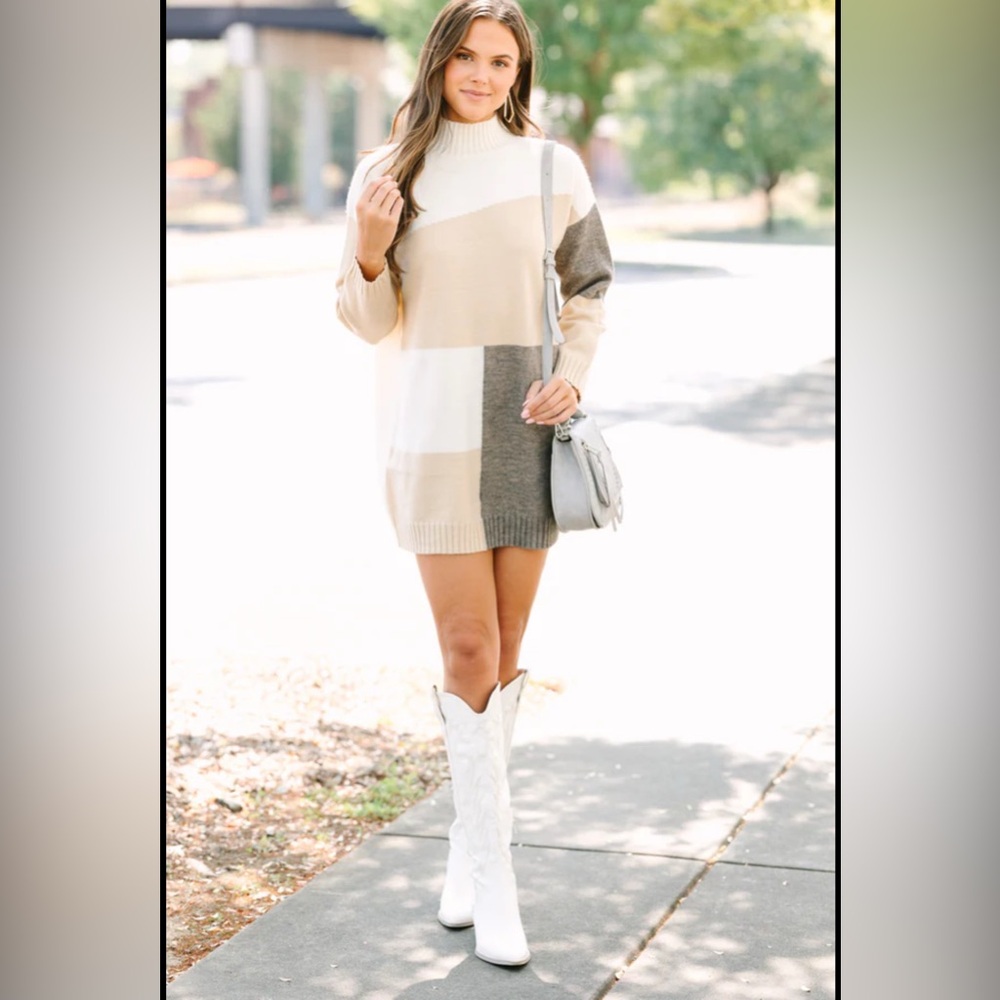 NEW Cozy Co. Neutral Color Block Tunic Sweater Cream, Weathered Brown &Tan S/M